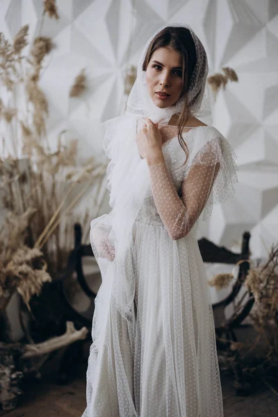 Portrait Lady White Dress Stylish Shawl Standing Studio — Stock Photo, Image