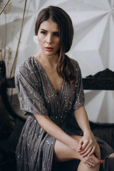 Portrait Young Woman Wearing Dress Boho Style Sitting Wooden Bench — Stock Photo, Image