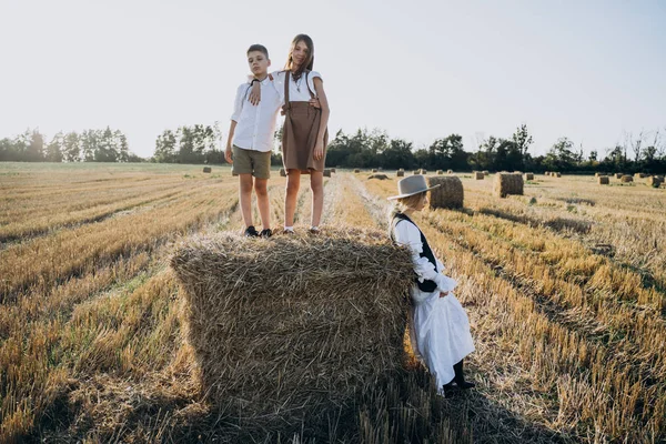 Tarlada Saman Balyası Üzerinde Erkek Kız Yanında Duran Anne Tam — Stok fotoğraf