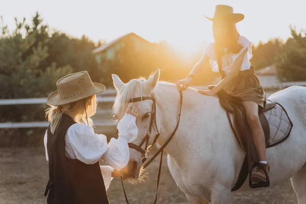 Portrait Woman Stroking White Horse Girl Sitting Her Sunset — Stock Photo, Image