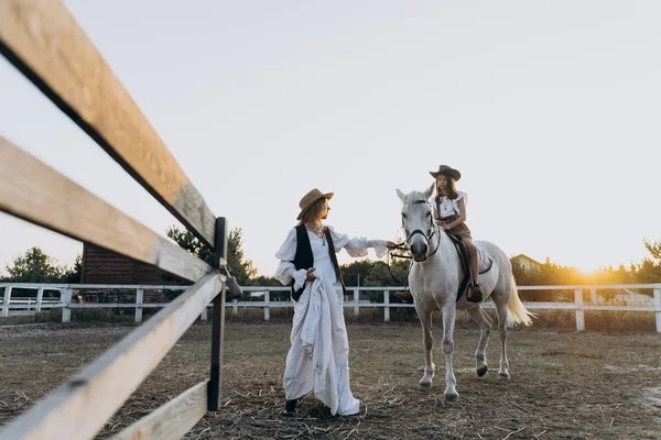 Full Length Shot Woman Holding Bridle Girl Sitting Horse Ranch — Stock Photo, Image