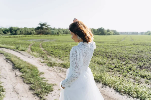 Fashionable Woman White Dress Standing Road Field — Stock Photo, Image