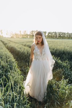 Tarlada yürüyen duvak takan ve uzun beyaz elbiseli çekici bir kadın. 