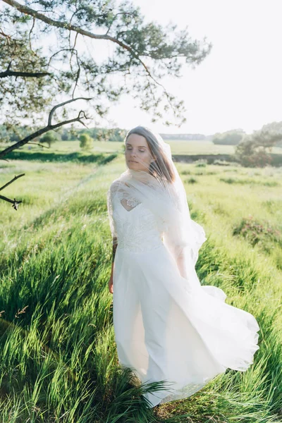 Çayırda Duran Peçeli Uzun Beyaz Elbiseli Şık Bir Kadın — Stok fotoğraf