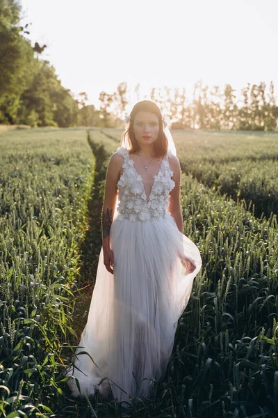 Piękna Kobieta Welonie Długa Biała Sukienka Spacerująca Polu — Zdjęcie stockowe