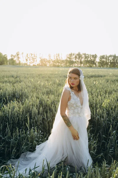 Atrakcyjna Kobieta Nosząca Welon Długa Biała Sukienka Spacerująca Polu — Zdjęcie stockowe