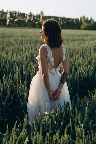 Visão Traseira Mulher Vestido Branco Longo Campo — Fotografia de Stock