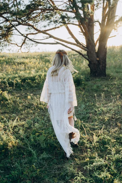 Adult Attractive Woman Long White Dress Walking Field — Stock Photo, Image