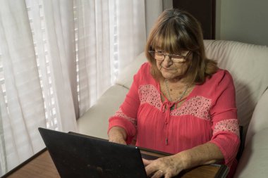 Daha yaşlı bir kadın sosyal uzaklıkla buluşurken iletişim kurmak için modern teknolojileri kullanıyor.