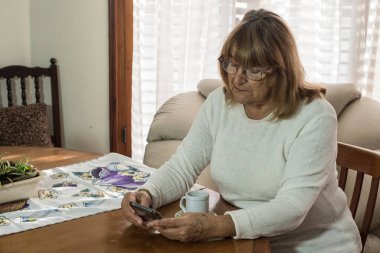 Daha yaşlı bir kadın sosyal uzaklıkla buluşurken iletişim kurmak için modern teknolojileri kullanıyor.