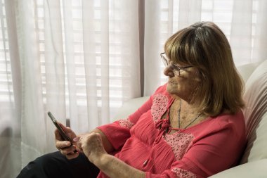 Daha yaşlı bir kadın sosyal uzaklıkla buluşurken iletişim kurmak için modern teknolojileri kullanıyor.