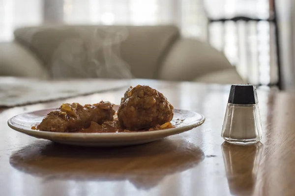 Steaming meatloaf with pork sausage tomato sauce and salt — Stock Image Steaming Meatloaf Pork Sausage Tomato Sauce Salt Stock Image