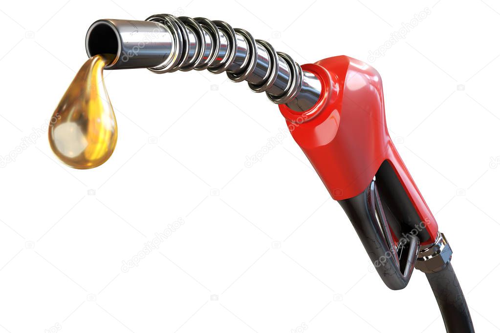 3d rendering of a red gasoline dispenser handles with oil drops, isolated on white background with clipping paths.