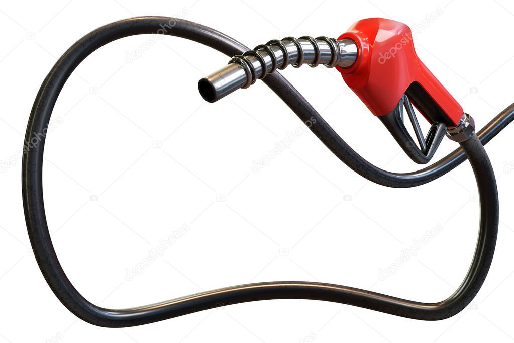 3d rendering of a red gasoline dispenser handles with hose decorated to frame for copy space, isolated on white background with clipping paths.