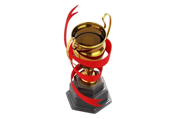 Rendering Isometric Shot Golden Trophy Red Ribbon Isolated White Background — Stock Photo, Image