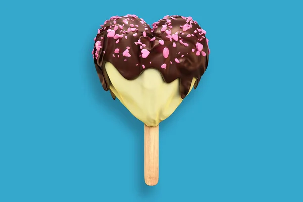 üzerinde kırpma yolları ile soluk mavi pastel renkli vanilyalı kalpli pembe kalpler, çikolatayla tarafından topping dondurma 3D render izole.