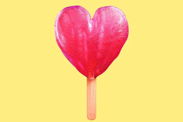 3d rendering of pink heart-shaped popsicles isolated on pale yellow background with clipping paths.
