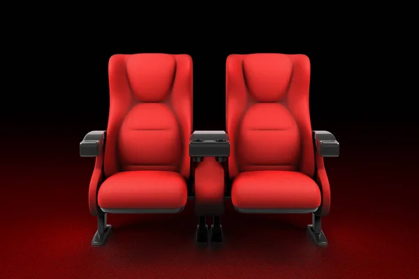 Kırpma yolları ile siyah arka plan üzerinde izole çift kırmızı tiyatro koltuğu 3d render ön görünümü.