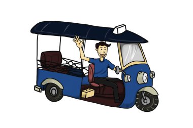 Tay geleneksel Tuk Tuk gülümseyen yakışıklı sürücüleri ile taksi ve el izole stil beyaz arka plan çizim doodle ortaya