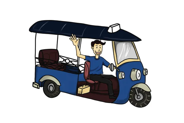 Tay geleneksel Tuk Tuk gülümseyen yakışıklı sürücüleri ile taksi ve el izole stil beyaz arka plan çizim doodle ortaya