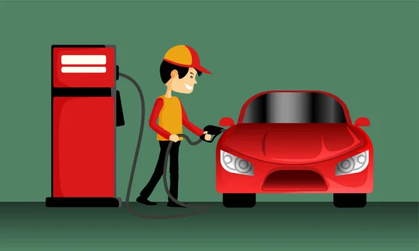 Bir benzin meme petrol yeşil bir arka plan üzerinde kırmızı araba, doldurma için tutarak akıllı yakıt pompası çocuk.