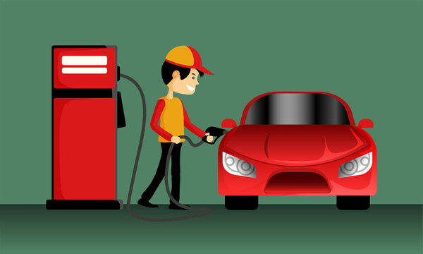 The smart fuel pump boy holding a gasoline nozzle to filling oil at the red car on a green background.