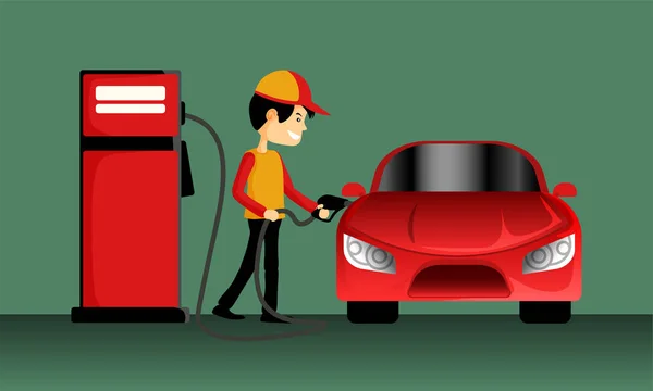 緑の背景に赤の車にオイルを充填するガソリン ノズルを保持しているスマート燃料ポンプ少年 — ストックベクタ