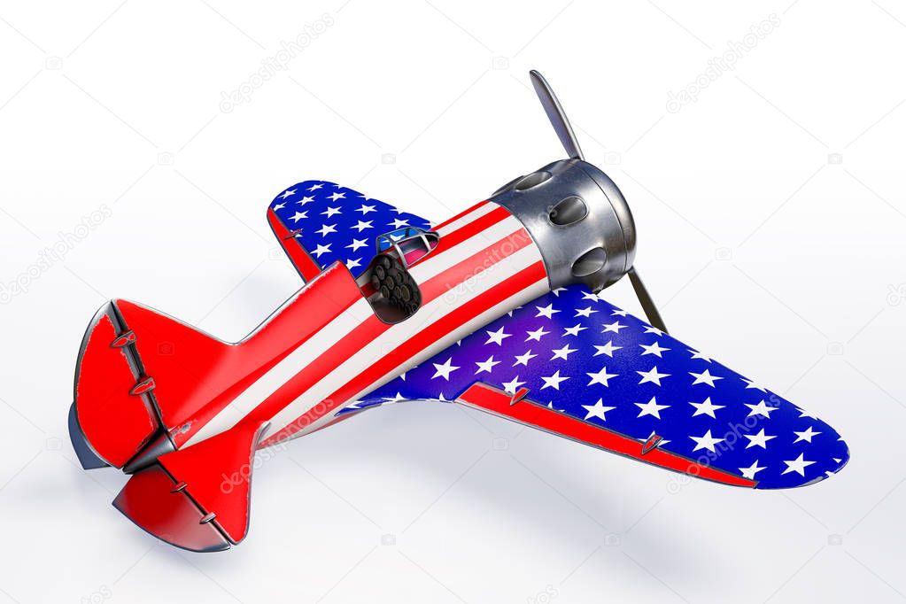 Polikarpov Vintage airplane with stars and stripes, the 4th of July Independence day United States of America concept, isolated on white background with clipping paths.