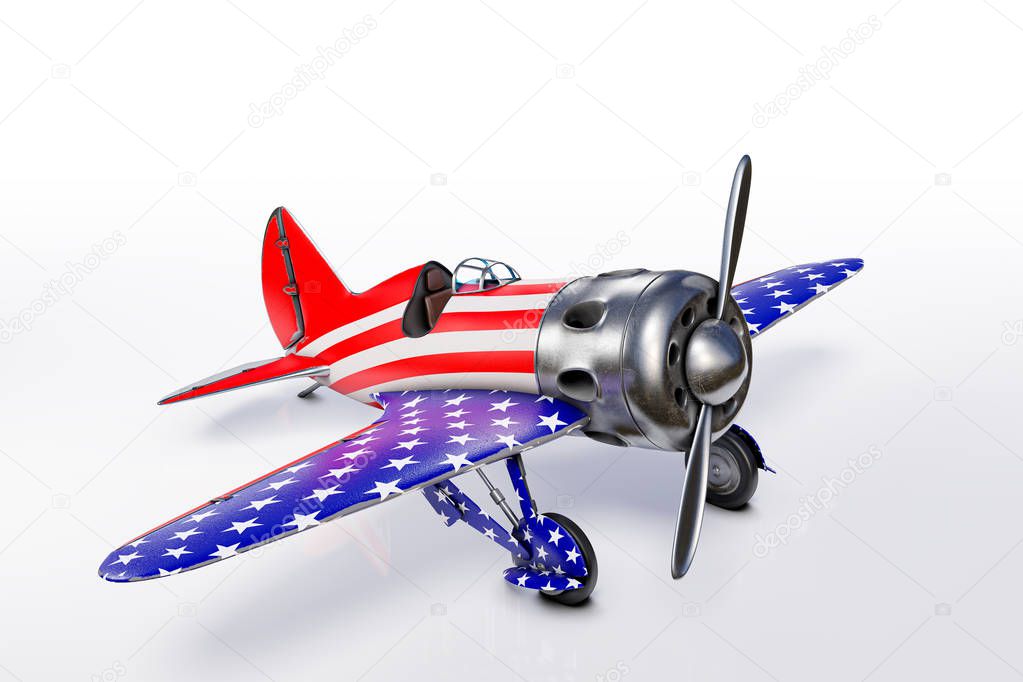 Polikarpov Vintage airplane with stars and stripes, the 4th of July Independence day United States of America concept, isolated on white background with clipping paths.