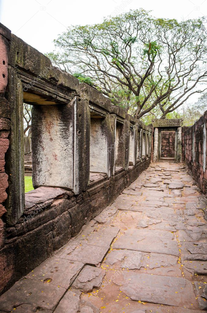 Stone Corridor Anicient walkway around Stone Castle of Phimai Historical Park, Thailand.