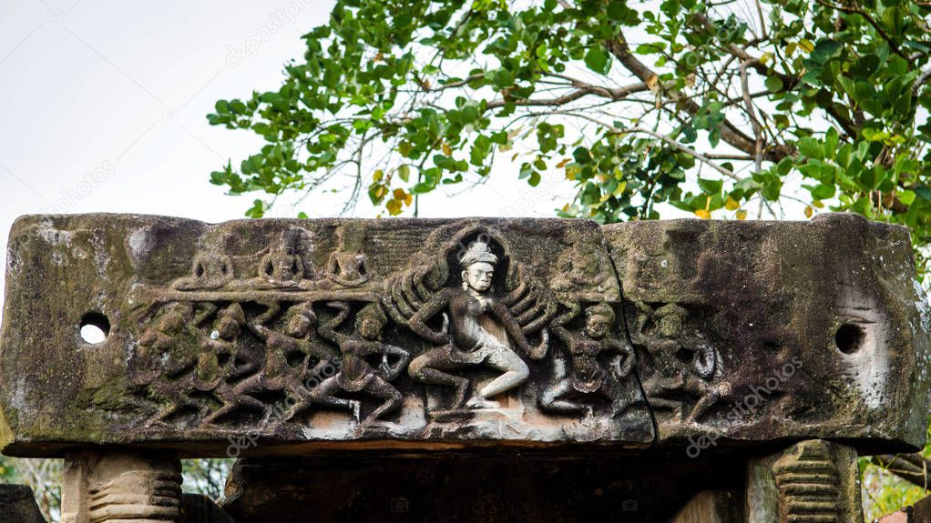 Arts dancing on the lintel of Phimai Historical Park, Thailand.