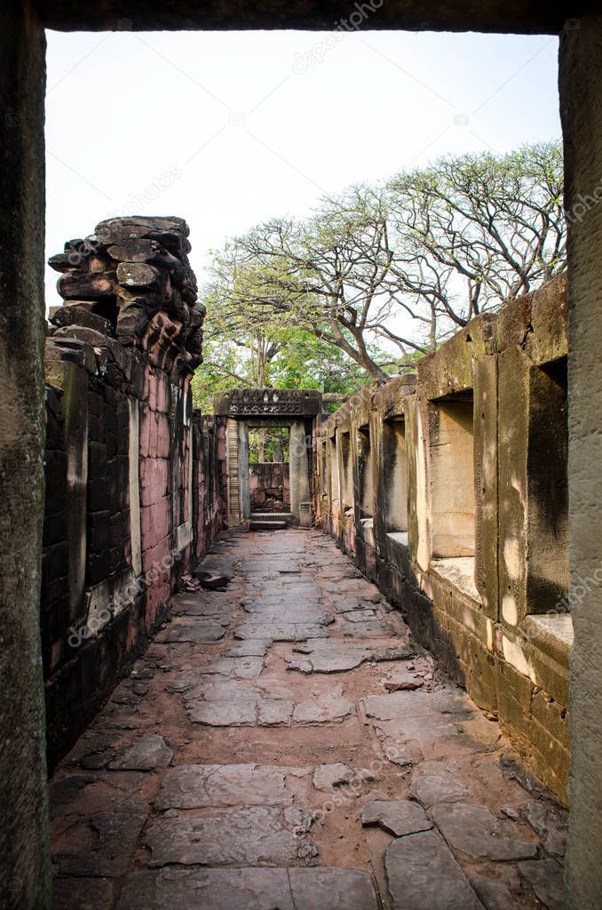Stone Corridor Anicient walkway around Stone Castle of Phimai Historical Park, Thailand.