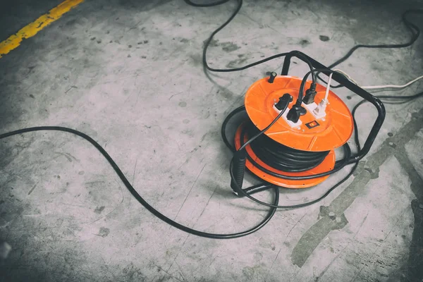 Cable Reel Orange Color Plugged Black Cable Wire Placed Floor Stock Photo