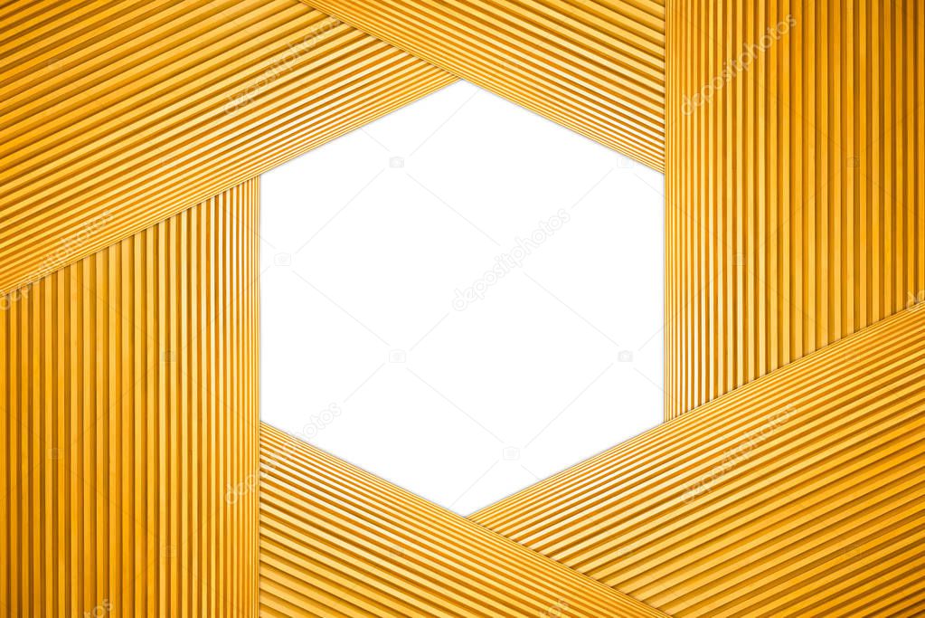 Stacked Hexagon Frame Light Brown Wooden and Aperture of the camera Isolated on white background.