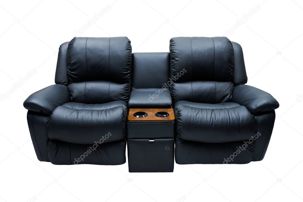 Black Leather Sofa for Watching Movies isolated on white background.