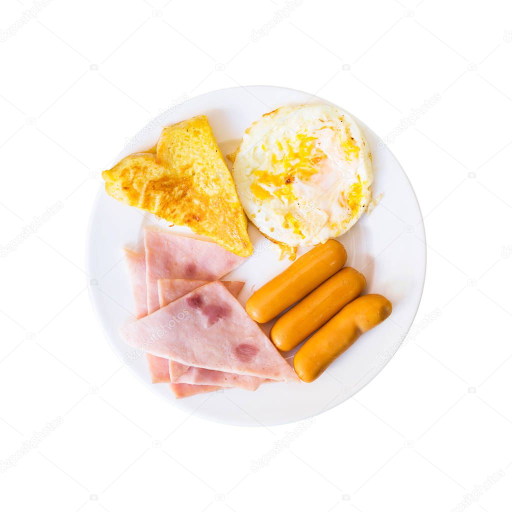 Morning breakfast dishes on the table isolate on White Background, top view.