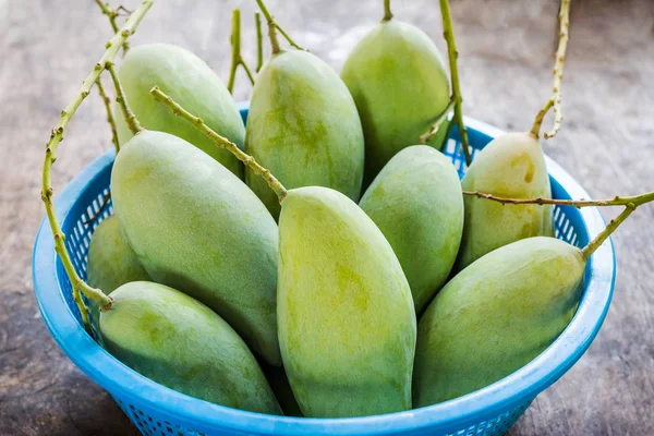Ahşap zemin üzerinde mavi sepet içinde taze yeşil mango.