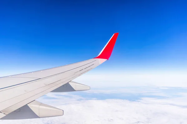 View Window Aircraft Right Wing Blue Sky Clouds Stock Photo