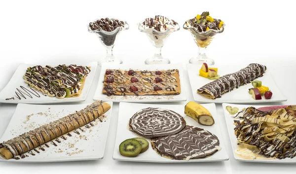 Set Crepes Pancakes Decorated Fruits Ice Cream Isolated White Background — Stock Photo, Image