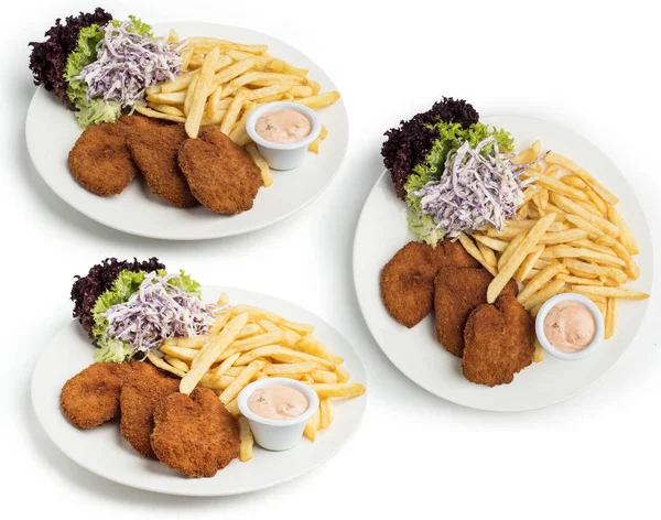 Set Chicken Escalope Plate Served Coleslaw Fries Dip Shot Different — Stock Photo, Image