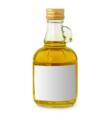 Beyaz arkaplanda boş etiketli zeytinyağı şişesi 