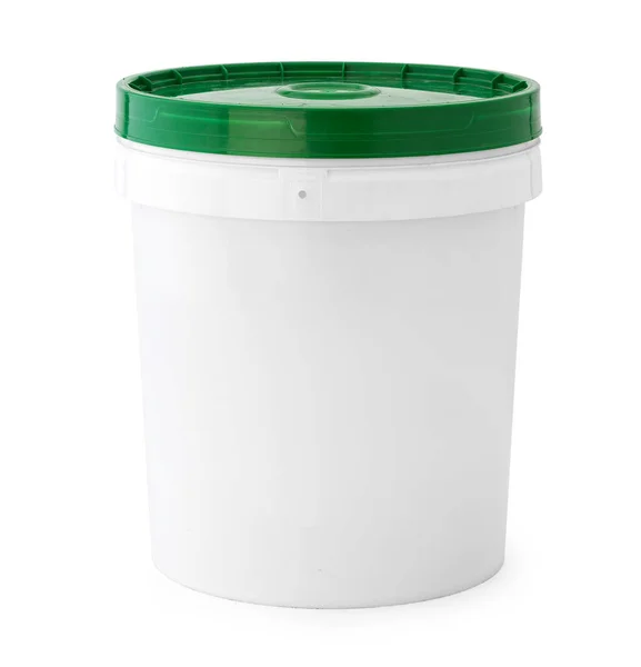 Bílý Plastový Kbelík Zeleným Víčkem Izolovaným Bílém Pozadí Plastový Kbelík — Stock fotografie