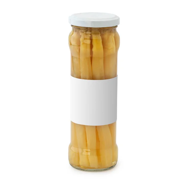 Marinated White Asparagus Jar Blank Label Isolated White Background — Stock Photo, Image