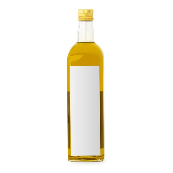 Botella Aceite Oliva Con Etiqueta Blanco Aislada Sobre Fondo Blanco —  Fotos de Stock