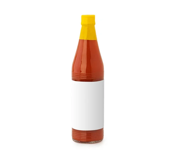Fles Kruidige Rode Hete Saus Met Blanco Etiket Geïsoleerd Witte — Stockfoto