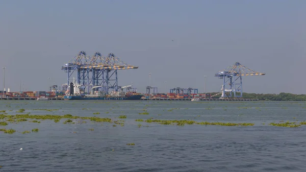 印度高知堡 2017年11月16日 在科钦港热闹的货柜码头的景色 — 图库照片