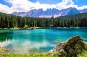 Картина, постер, плакат, фотообои "beautiful view of the karersee (italian: lago di carezza): is a lake in the dolomites in south tyrol, italy", артикул 209479556