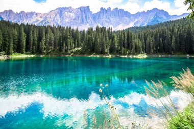 Karersee güzel görünümü (İtalyanca: Lago di Carezza): South Tyrol, İtalya için Dolomites gölüdür