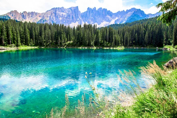 Splendida Veduta Del Lago Carezza Lago Delle Dolomiti Alto Adige — Foto Stock