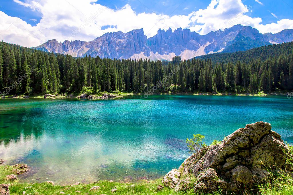 Beautiful view of the Karersee (Italian: Lago di Carezza): is a lake in the Dolomites in South Tyrol, Italy